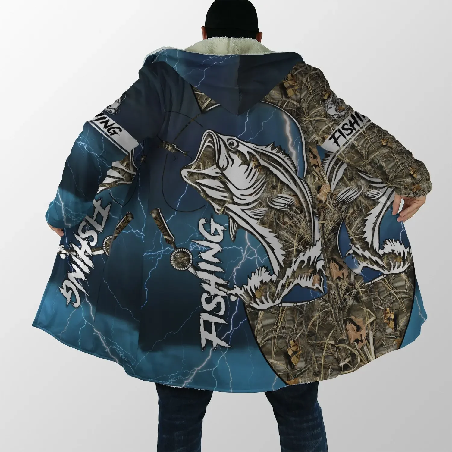 New Men's Winter Fashion Hooded Cape Fishing Art 3D Printing Thick Wool Hooded Cape Unisex Street Casual Warm Hooded Cape Coat