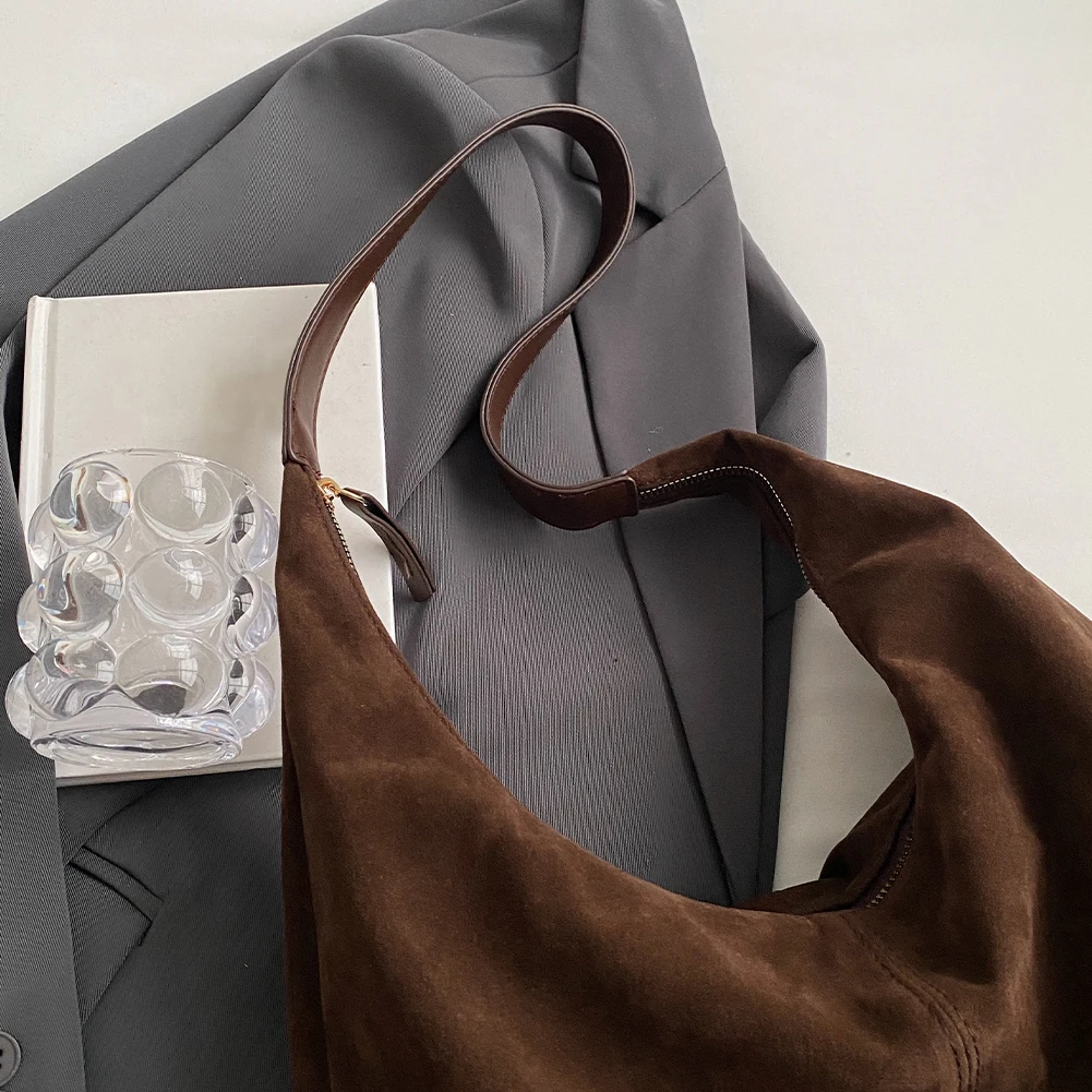 

Women Suede Tote Bag with Zipper Hobo Bag Large Capacity Underarm Bag Solid Slouchy Bag Commuter Travel Bag