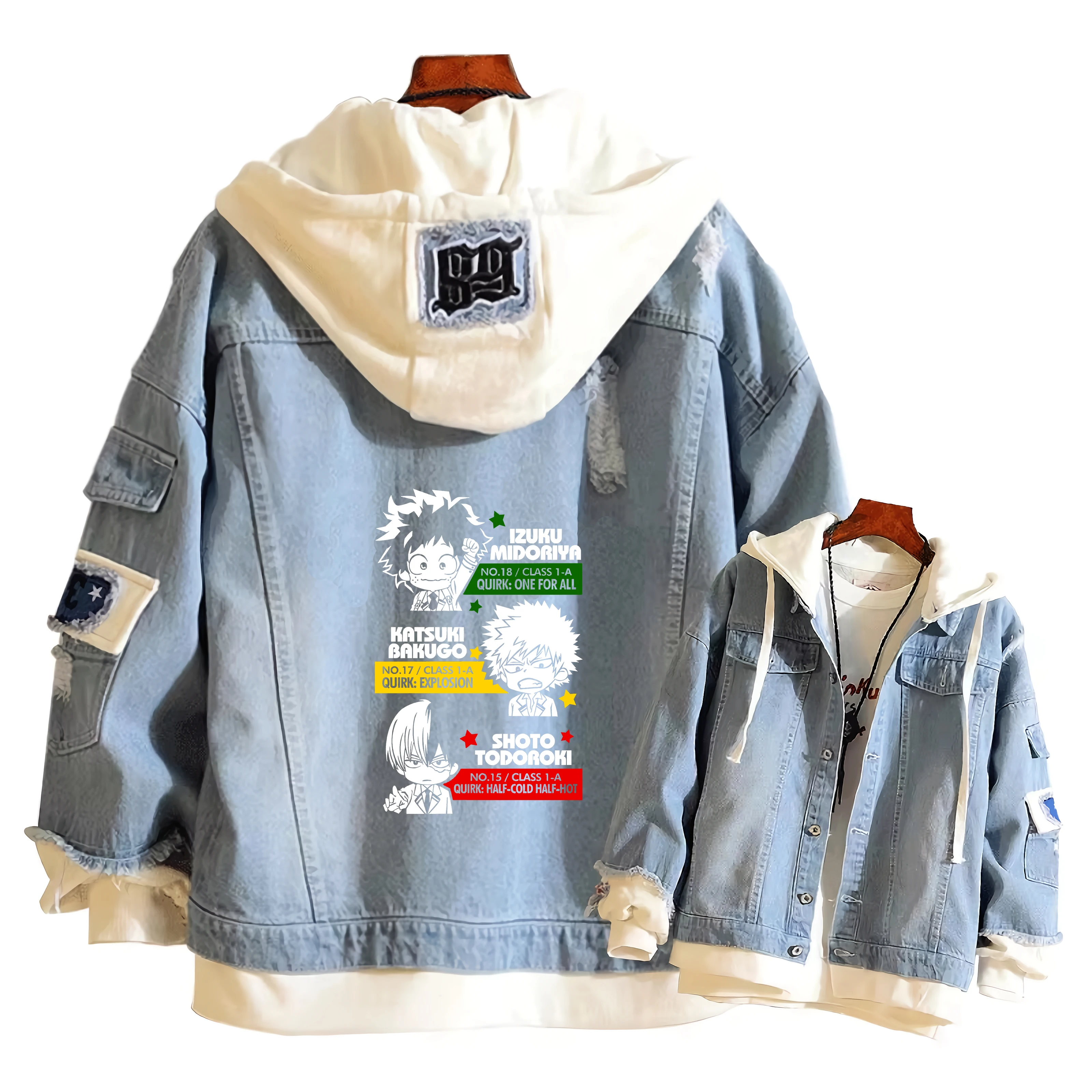 Anime MHA Deku Midoriya Girls Loose Jeans Jacket Cartoon Print Hoodie Streetwear Couple Sweatshirts Demin Hooded Coats Outerwear