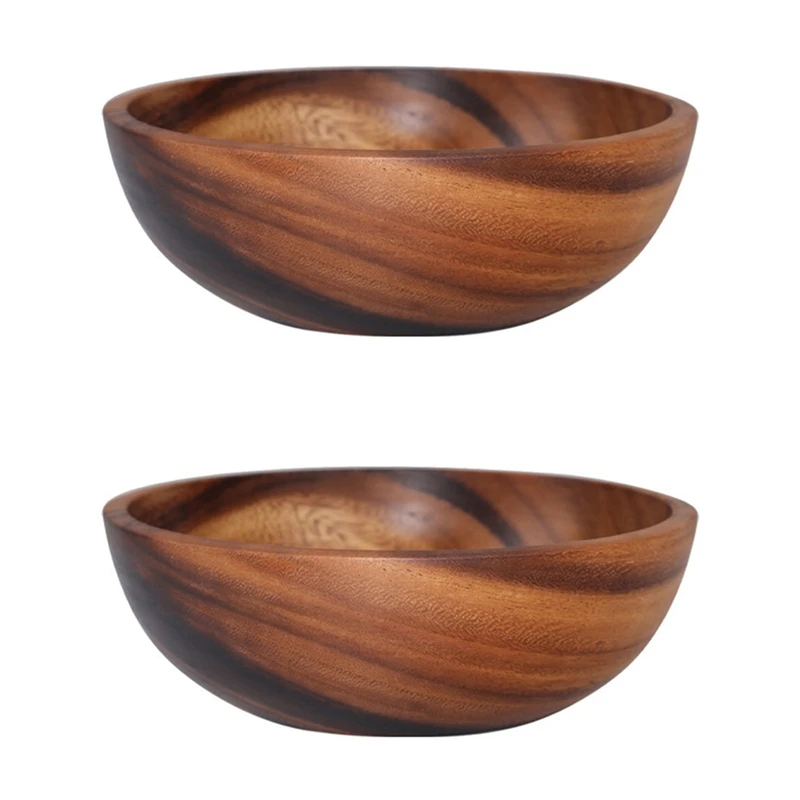 

2X Natural Hand-Made Wooden Salad Bowl Classic Large Round Salad Soup Dining Bowl Plates Wood Kitchen Utensils