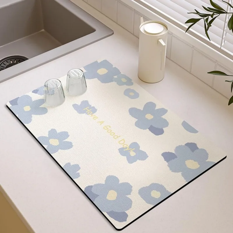 Super Absorbent Flower Dish Drying Mat Quick Dry Kitchen Countertop Protector Pad Floral Coffee Maker Mat Non Slip Cute