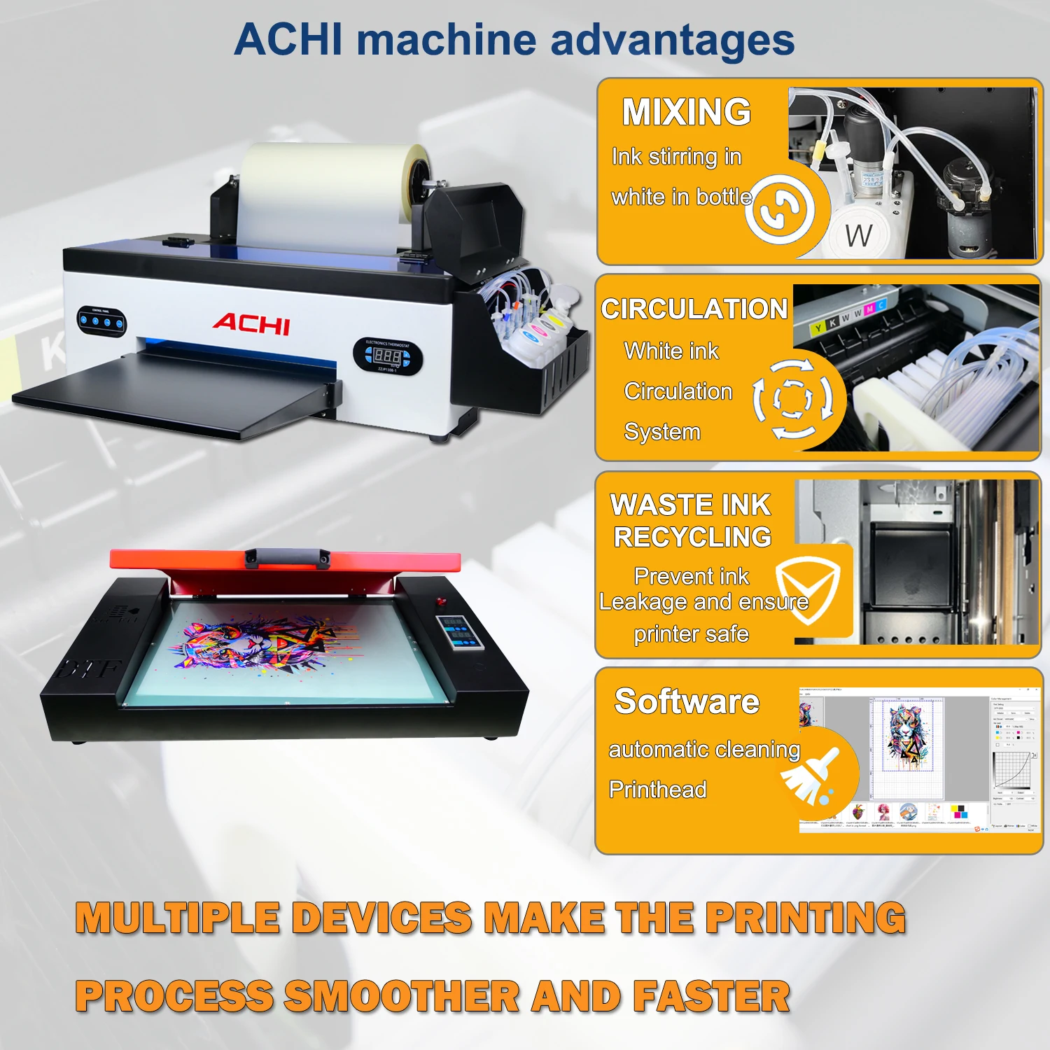 ACHI A3 DTF Printer L1800 Flatbed UV Water-cooled Printer with T-shirt Clamp for Bottle Glass Metal Wood Clothes Printing