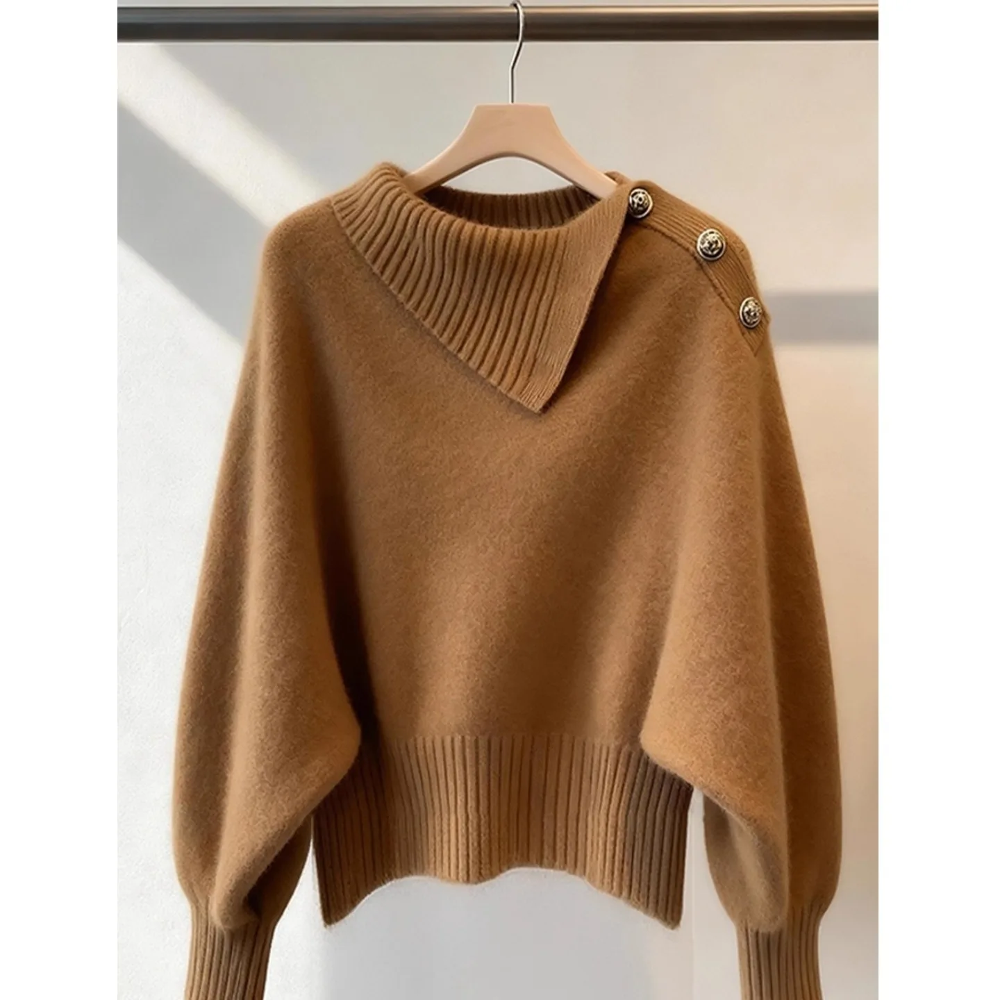 عالية الرقبة محبوك سترة المرأة Faionable مربوط القهوة بلوفر ملون متماسكة الخريف الشتاء الكورية صالح البلوزات ضئيلة #3