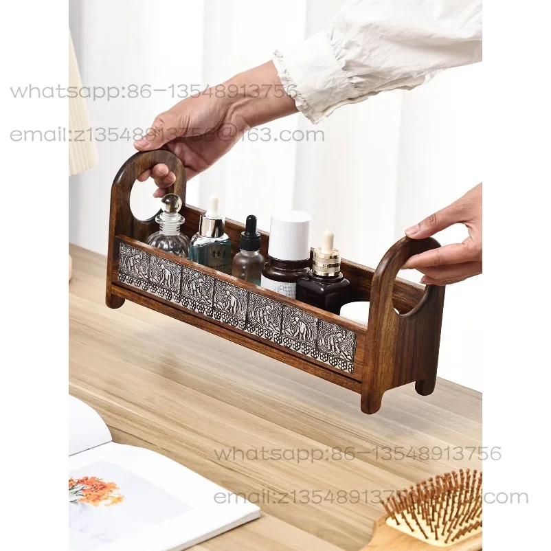 Retro Solid Wood Desktop Cosmetics Storage Box Bathroom Dresser Countertop Perfume Skin Care Products Premium Shelf