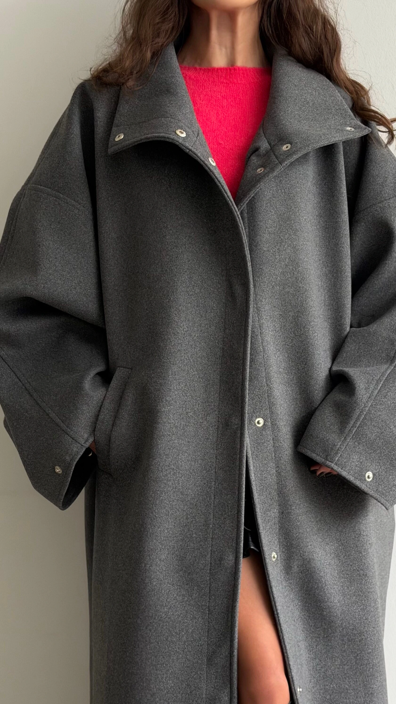 Womens Stand Collar Long Wool Blend Coat Long Sleeve Snap Button Oversized Loose Elegant Autumn Winter Daily  Casual Outerwear