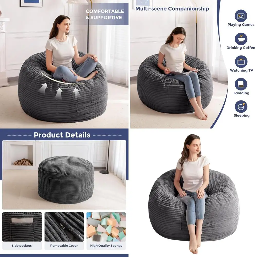 

Ultra Soft Fur Bean Bag Chair, Large 3ft Foam Filled, Adult Lazy Sofa for Living Room, Bedroom, Machine Washable Cover