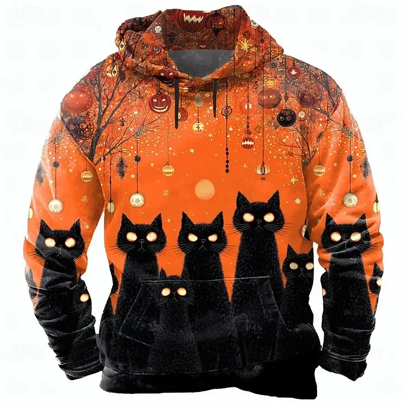 Halloween Men's Cat Pumpkin Hoodie Sweatshirt Punk Exaggerated Crew Neck Club Streetwear Yellow Orange Drawstring Fall Winter