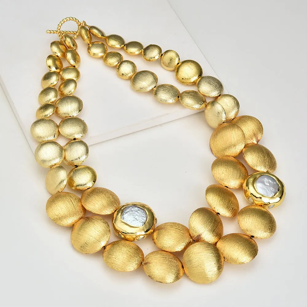 

GG 2 Rows Gold Plated Brushed Coin Beads Cultured White Coin Keshi Pearl Necklace Classic For Women