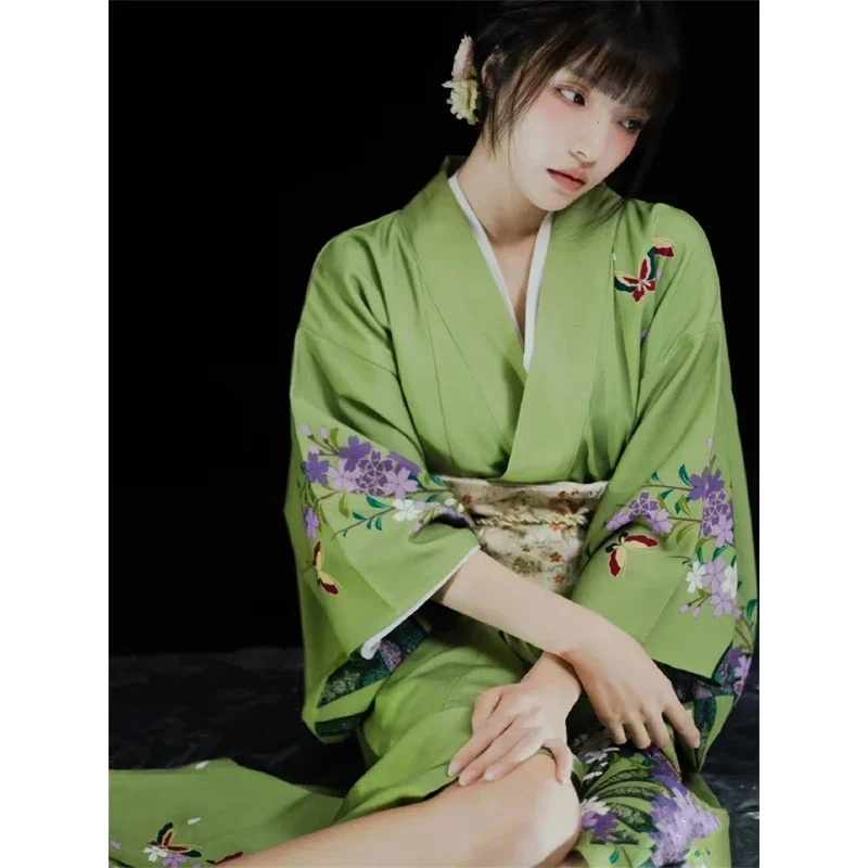 女性のための緑の花柄のバスローブ,日本の着物,シンプルでエレガントなドレス,アニメのドラムコスプレ,ハロウィメンズウェア