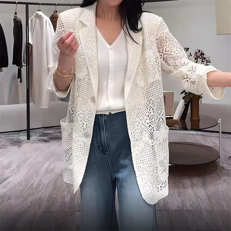 Hollow Heavy Industry Casual Temperament High-End Blazer Women's Autumn New Outer Design Lace Shirt Top White Jacket