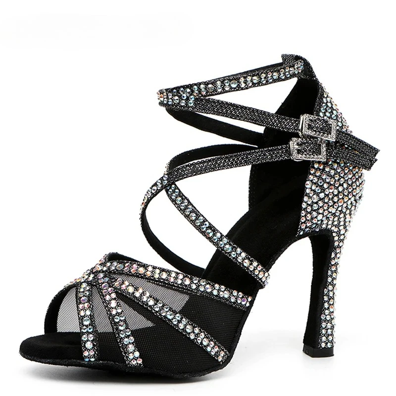 Women Latin Dance Shoes Luxury Rhinestone Decoration Salsa Shoe Luxury Crystal Ballroom High-Heel Sandal Dance Competition Shoes