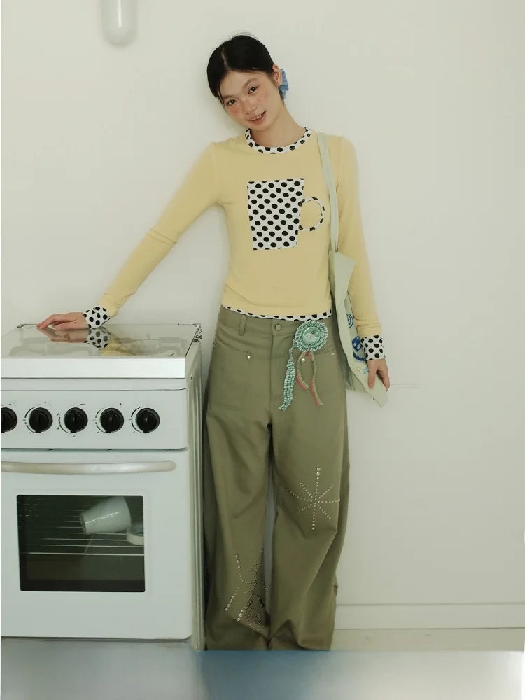 

Ретро-футболка в горошек с круглым вырезом, приталенная, с длинным рукавом, базовая, для женщин, UnsocialNight2025, осенняя новинка, влагоотводящая.