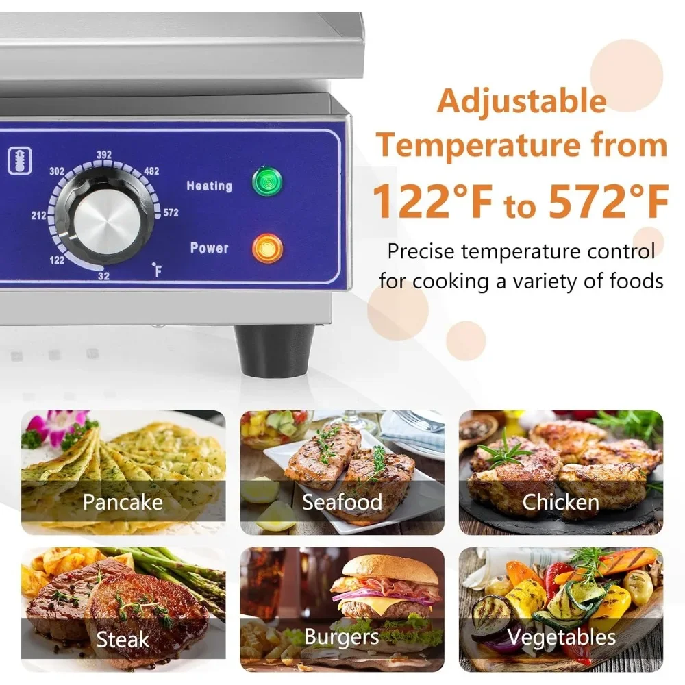 Electric Grill, 22" 2000W, Cast Iron Griddle, Stainless Steel Frame, Adjustable Temperature, Oil Storage Box, Commercial Griddle
