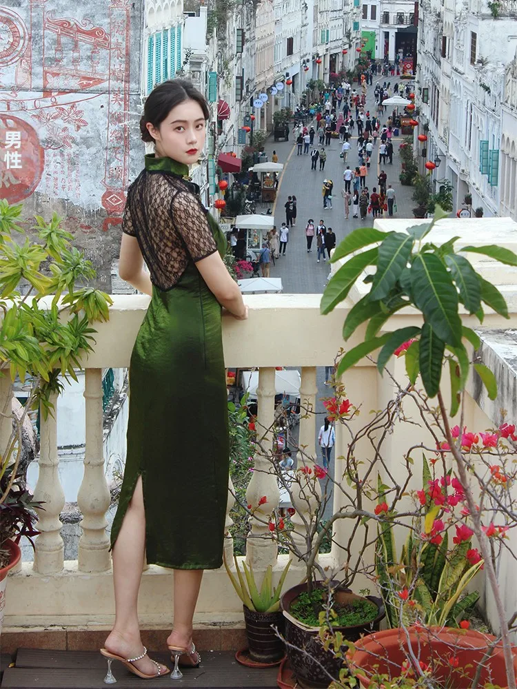 Elegant Lace Backless Qipao Dress Young Girl Daily Wear High Slit Long Sleeve Short Sleeve Silk Double Gauze Vintage Style