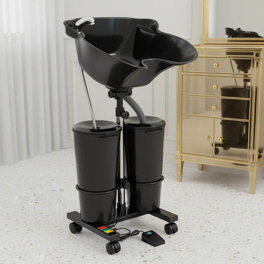 Portable Shampoo Sink Dual Bucket 10L Electric Pump Height Adjustable Hair Wash Basin with Wheels for Salon Home Care