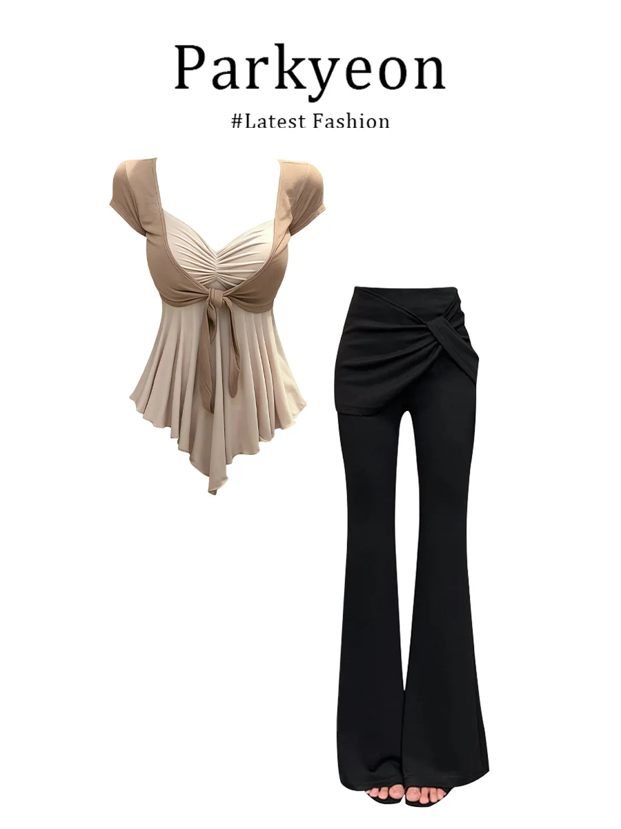 

Summer Pure Desire Style Short Sleeve Wrap Cardigan Strap Top High Waist Slimming Flared Pants Ensemble Casual Fashion Set