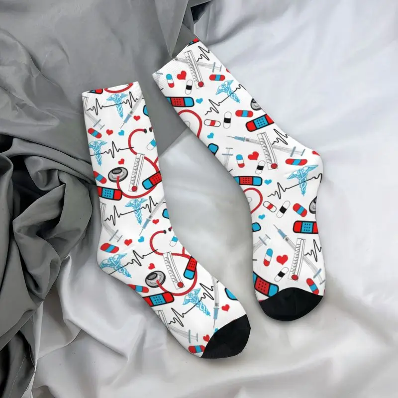 Cute Nurse Doctor EKG Pattern Dress Socks Men Women Warm Fashion Novelty Nursing Crew Socks