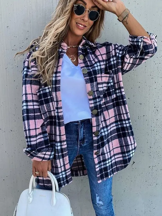 Loose Vintage Plaid Long Sve irt Street Sle Loose Fit Cheered Pattern Women's Spring Faion  Collar Button up