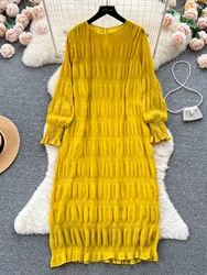 Vestido Midi holgado drapeado Vintage para mujer, abullonada elegante Vestido de manga larga con cuello redondo, informal, Amarillo/Burdeos/verde, Otoño, nuevo