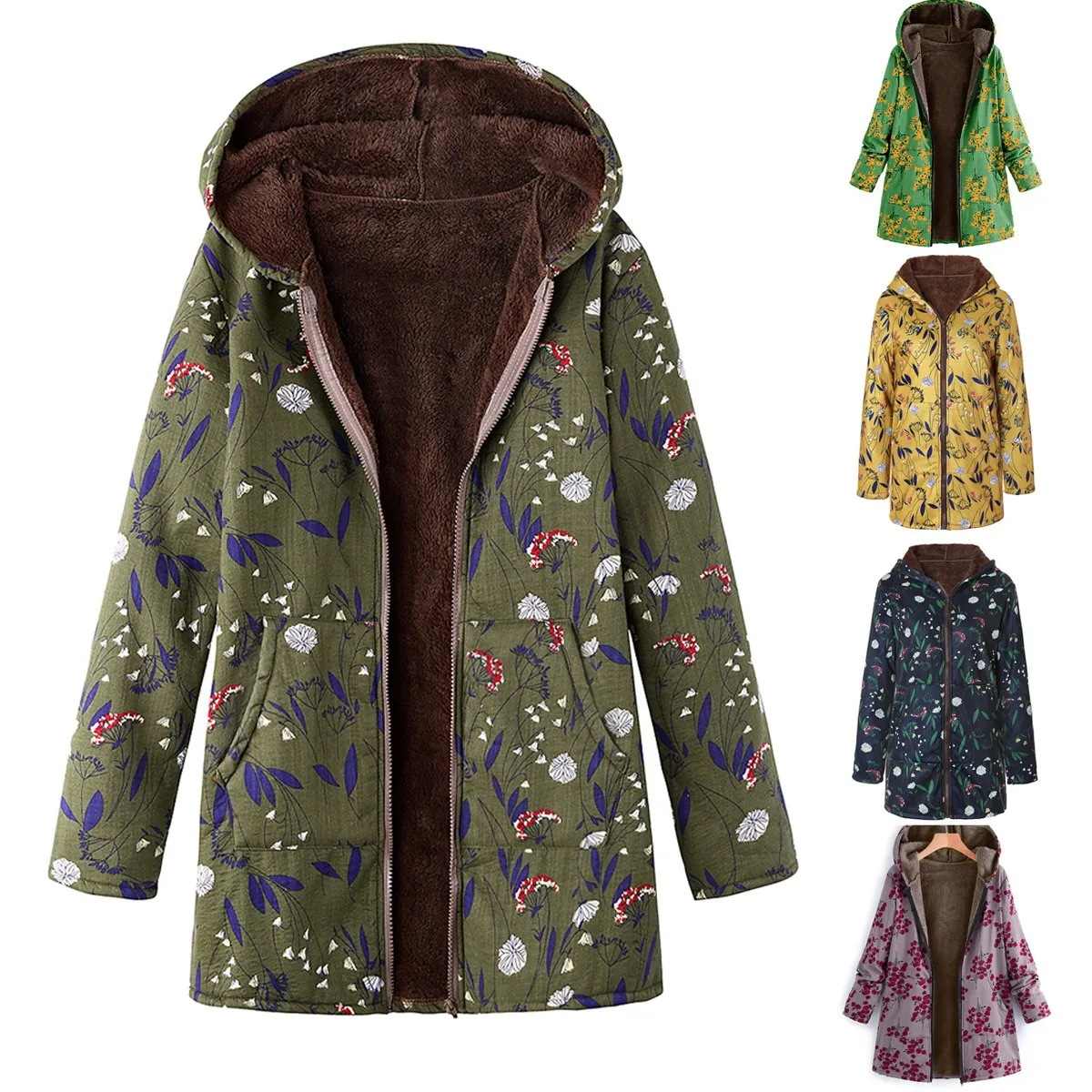 Ladies Long Sleeve Zipper Hooded Thick Composite Plush Vintage Flower Print Plus Size Hooded Jacket