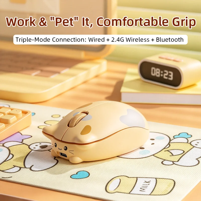 Cat-Soft Grip Triple-Mode Mouse Silent Buttons Visible Battery Indicator Rechargeable Faux Cat-Fur Office Use Gift Mause