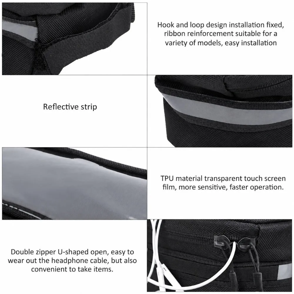 600D Nylon , TPU Bike Touchscreen Phone Bag Easy Installation Hook and Loop Straps Bike Top Tube Bag Lightweight Compact