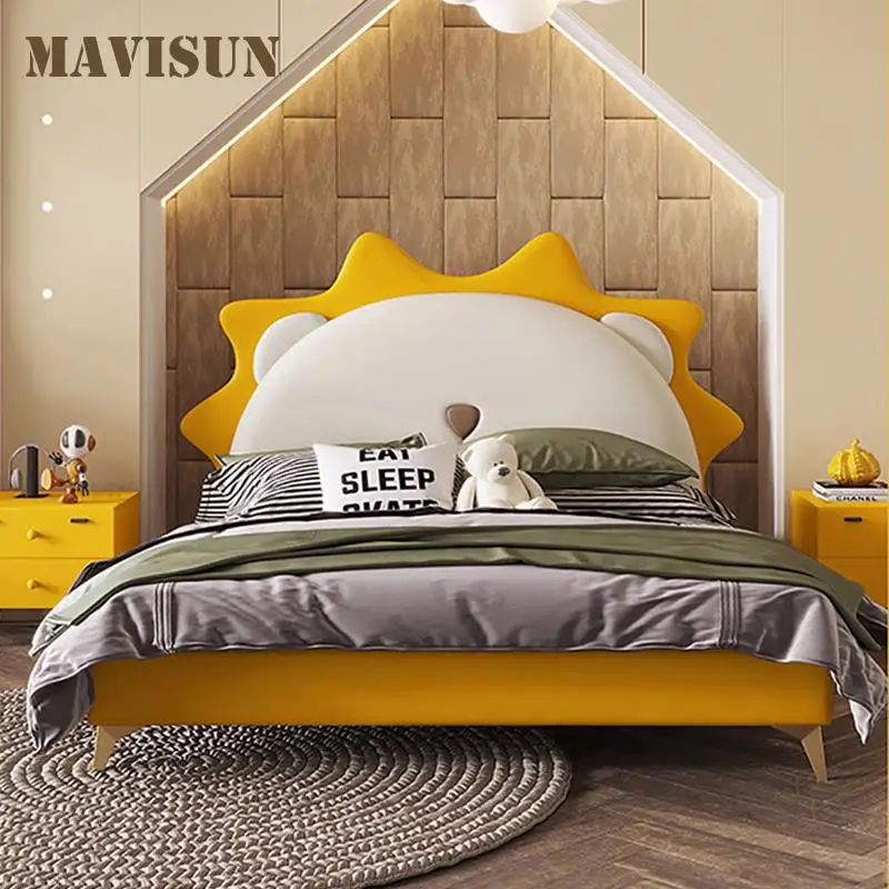 Cute Children’s Bed Lion Shape Leather Bed For Boy And Girl Kids Bedroom Furniture High Density Rebound Sponge Wood Bed For Kids