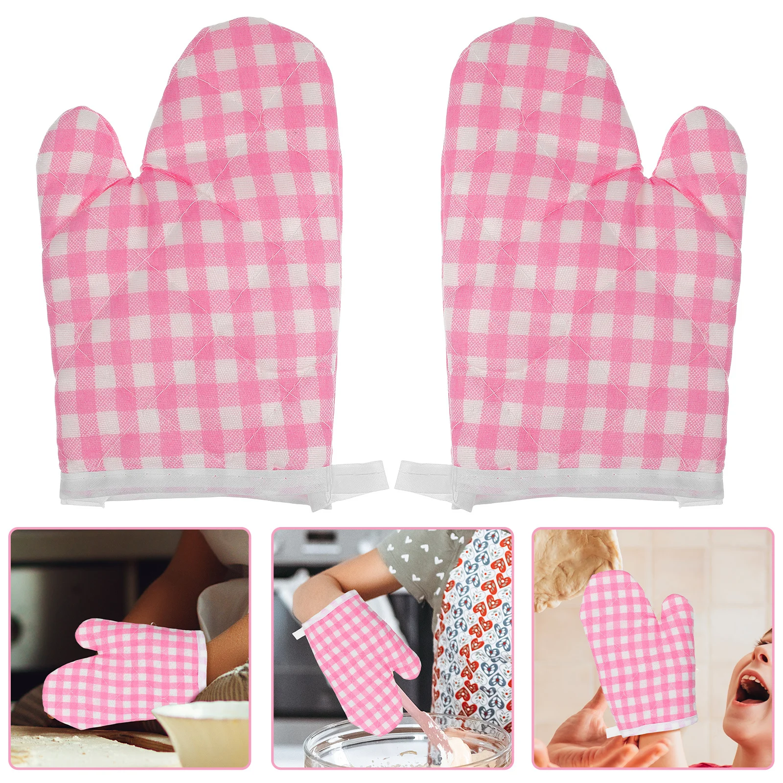 

1Pair Children Oven Mitts Stylish Plaid Pattern Heat Insulated Kids Cooking Gloves for Baking Oven Microwave Safe Handling Hot