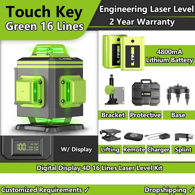 Woodworking 4D 16 Green Line Digital Display Laser Level 360 Horizontal Vertical Cross Lines W/ Auto Self-Leveling Super Powerfu