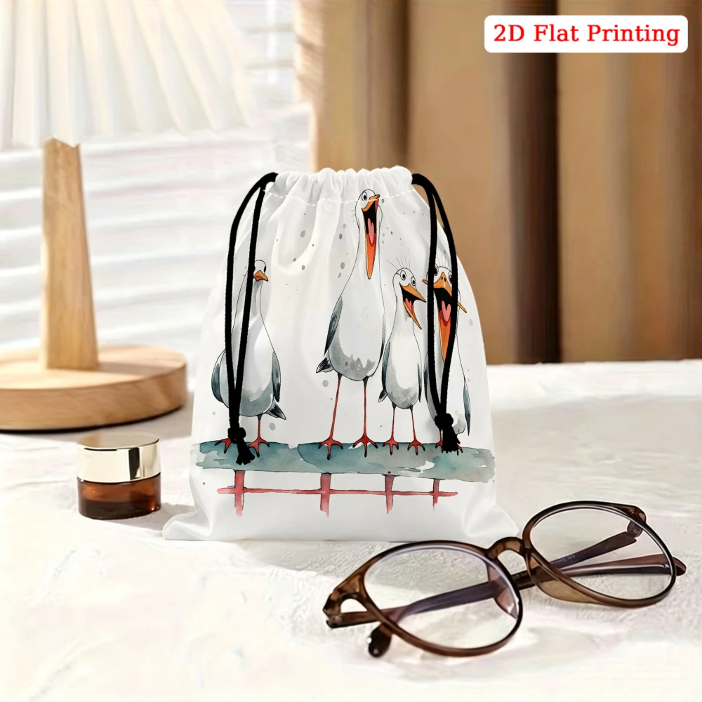 1pc Cartoon Seagull Print Drawstring Bag White Storage Small Pouch For Glasses Cosmetics Travel Organizer Portable Gift
