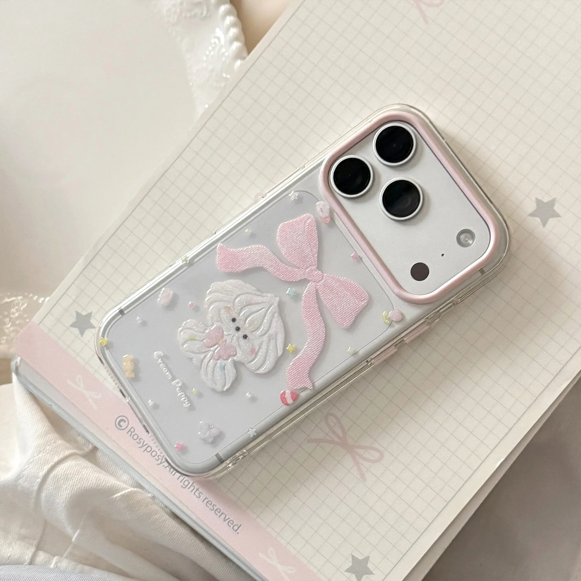 Korean Glitter Cartoon Cream Puppy Bowknot Pattern Phone Case For iPhone 13 14 15 16 17 12 Pro Max Clear Shockproof Soft Cover view 3