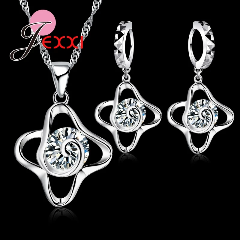 New Jewelry Set Four Petals Shape 925 Sterling Silver CZ Necklace Leverback Huggie Earrings Jewelry Sets for Women Gifts