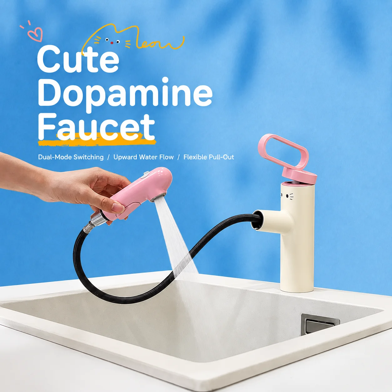 Cute Cartoon Puppy Pull Out Bathroom Sink Faucet with Spray Upward Mouthwash Water Dopamine Color Basin Mixer Tap Kids Vanity