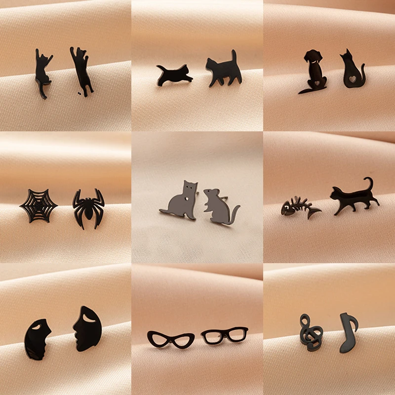 Asymmetry Stainless Steel Animal Earrings for Women Cute Cat Mouse Ear Jewelry Girls Gothic Spider Web Earring Gifts Accessories