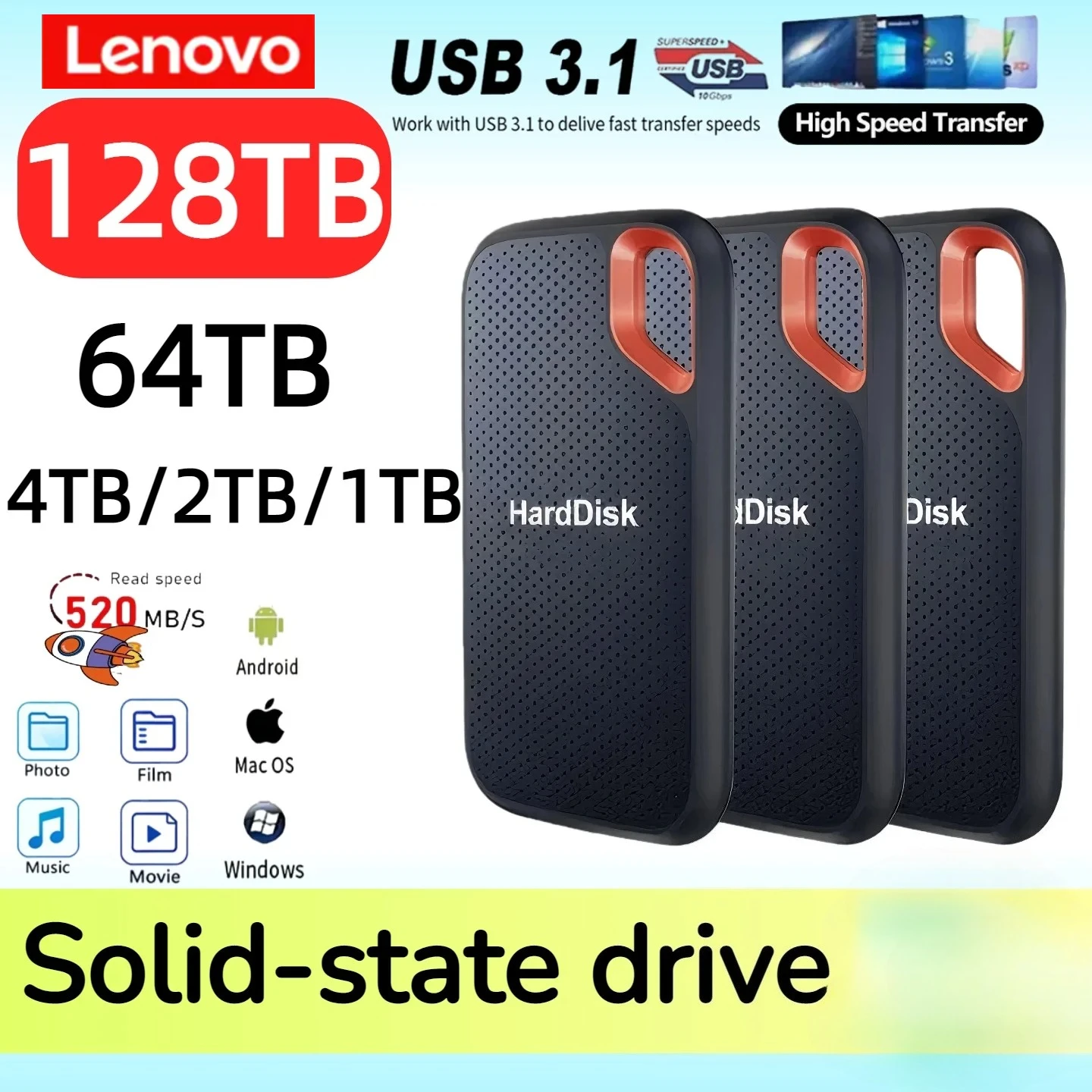 

Внешний мобильный SSD-накопитель Lenovo E61 2 ТБ, 6 ТБ, 8 ТБ, 256 ТБ, USB 3.1, внешний жесткий диск для ноутбуков и PS5