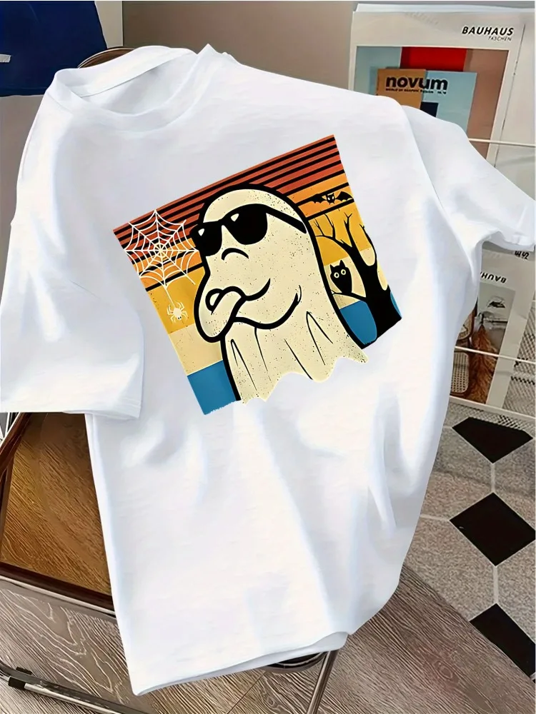 Vintage Retro Mens Black Cotton T Shirt Cool Ghost With Sunglasses Spider Bat Owl Halloween Graphic Short Sleeve Casual Tees