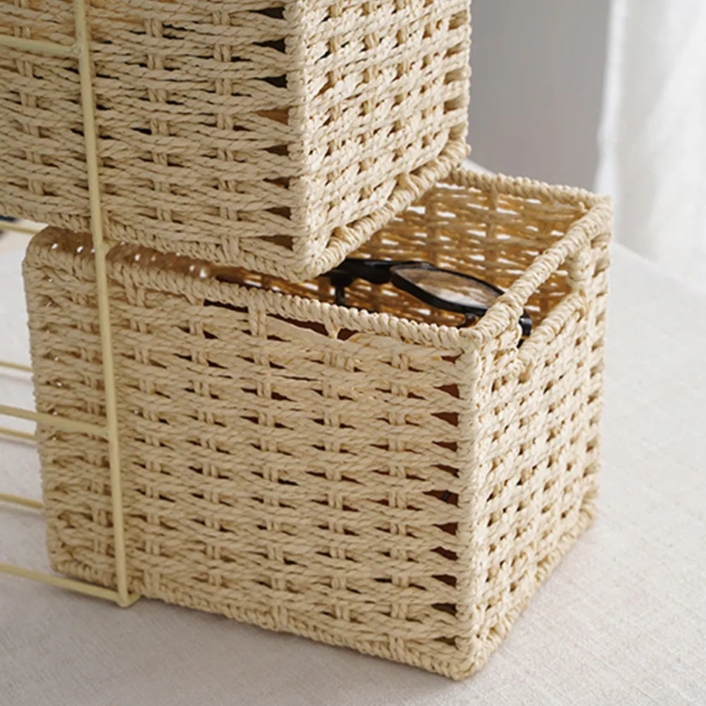 

Wicker Woven Storage Baskets Rattan Bathroom Accessories Countertop Iron Home Organization Desk Tidy Socks Toys Glasses