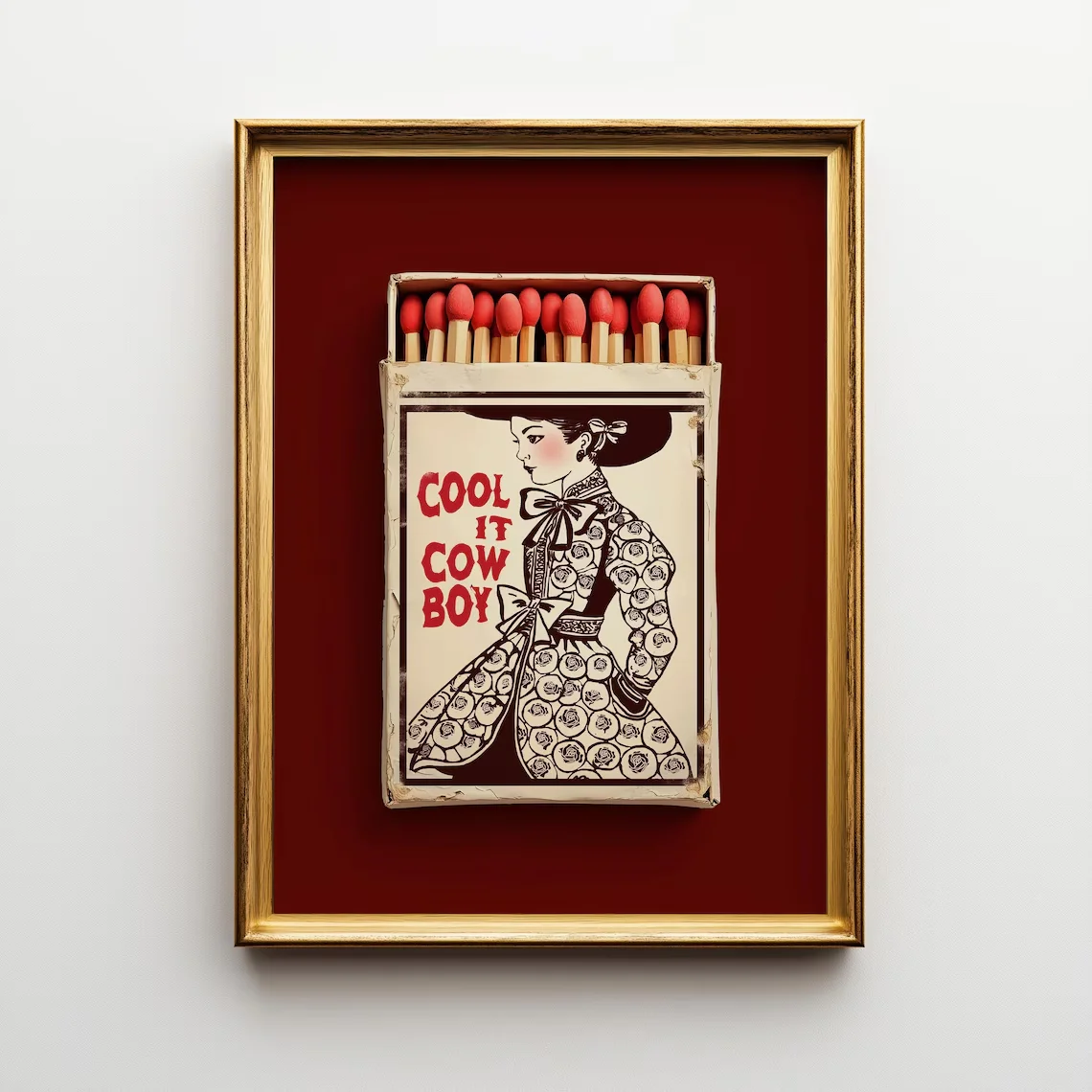 Burgundy Western Framed Wall Art – Cool It Cowboy Matchbox Print, Romantic Red Valentines Day Decor, Coquette Decor