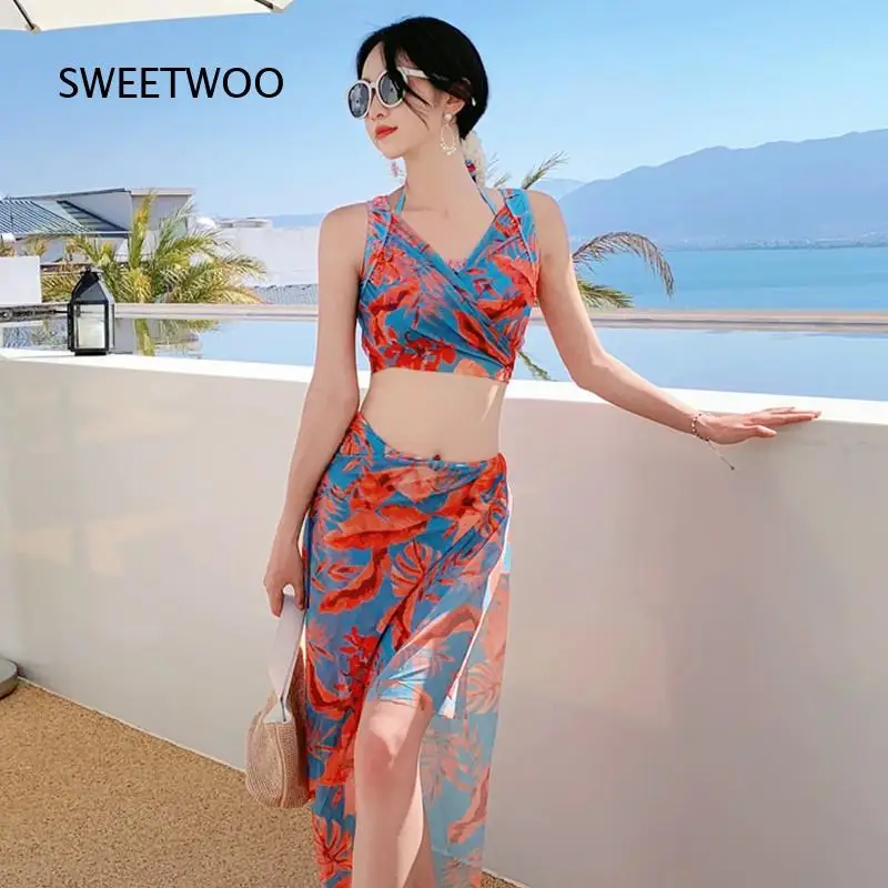 Women 3 Piece Tropical Floral Print Swimsuit V Neck Sleeveless Bikini Top High Cut Brief And Side Tie Wrap Long Cover Up Skirt