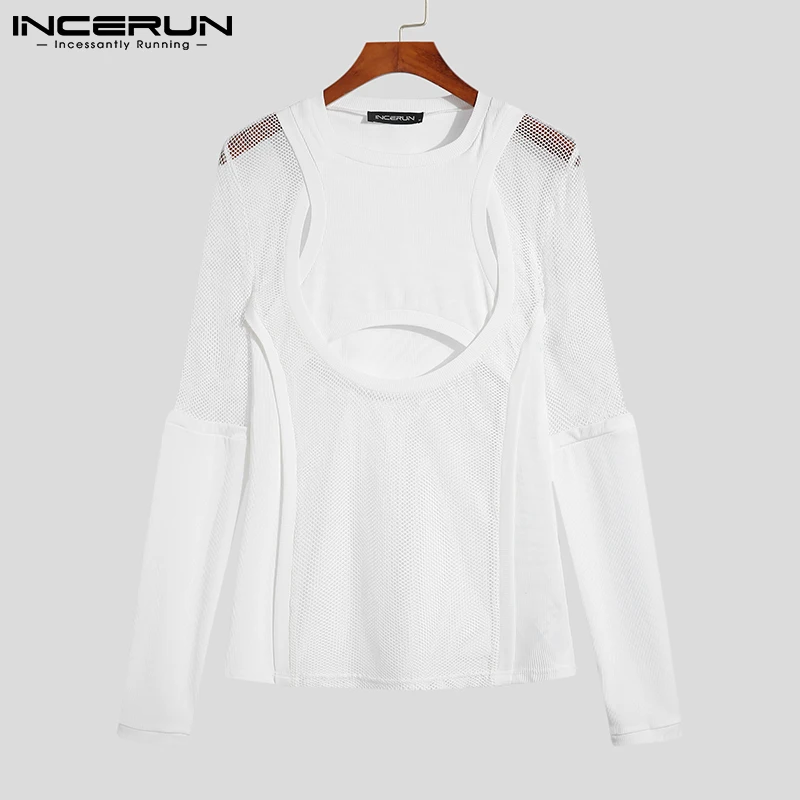 INCERUN Tops 2024 American Style New Men\'s Camiseta Grid Stitching Pit Strip Tees Hollow See-though Long-sleeved T-shirts S-5XL