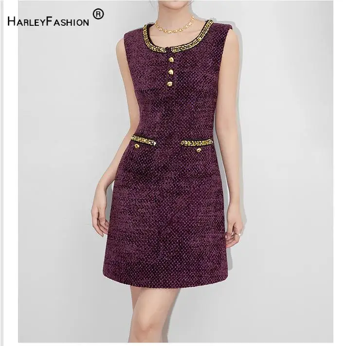 

Elegant Style Lady Office Casual Wear Sequins Beading O-neck Sleeveless Women Tweed Mini Dress