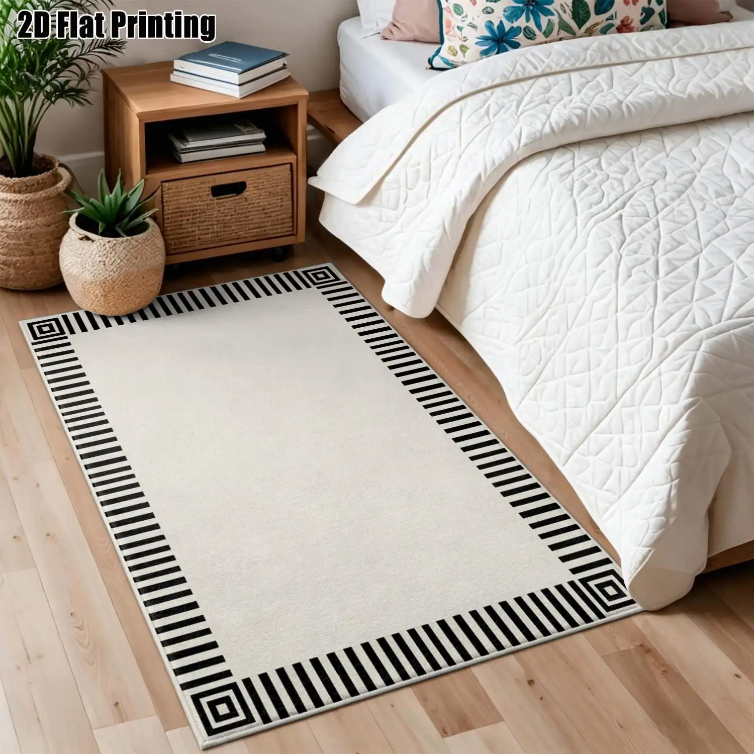 1Pc 2D Printed Black White Geometric Border Carpet, Nordic Modern Simple Style, Multi-Size Machine Washable, Ideal for Home Decor & Various Mat Uses