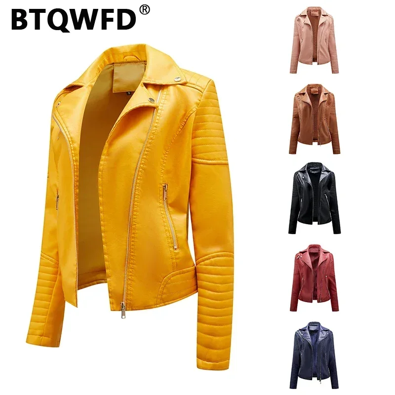 BTQWFD-abrigos de manga larga con cuello vuelto para mujer, chaquetas de cuero PU, ropa femenina, prendas de vestir con bolsillo, otoño e invierno, novedad de 2023