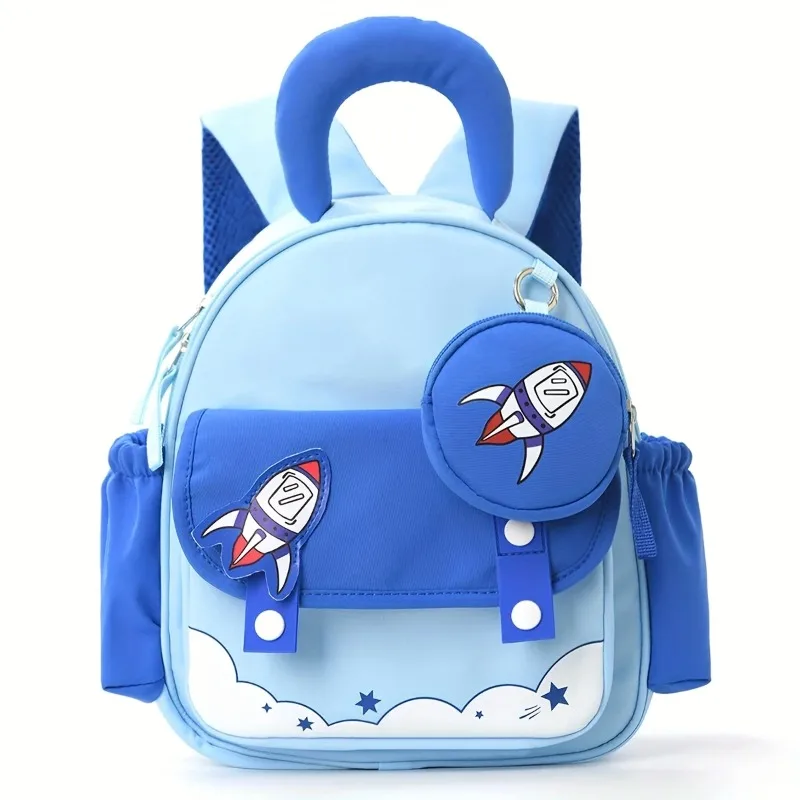 Cartoon Stylish Backpack, Embroidered Rocket And Butterfly Motif Schoolbag Cute Mini Lightweight Bag with Coin Purse