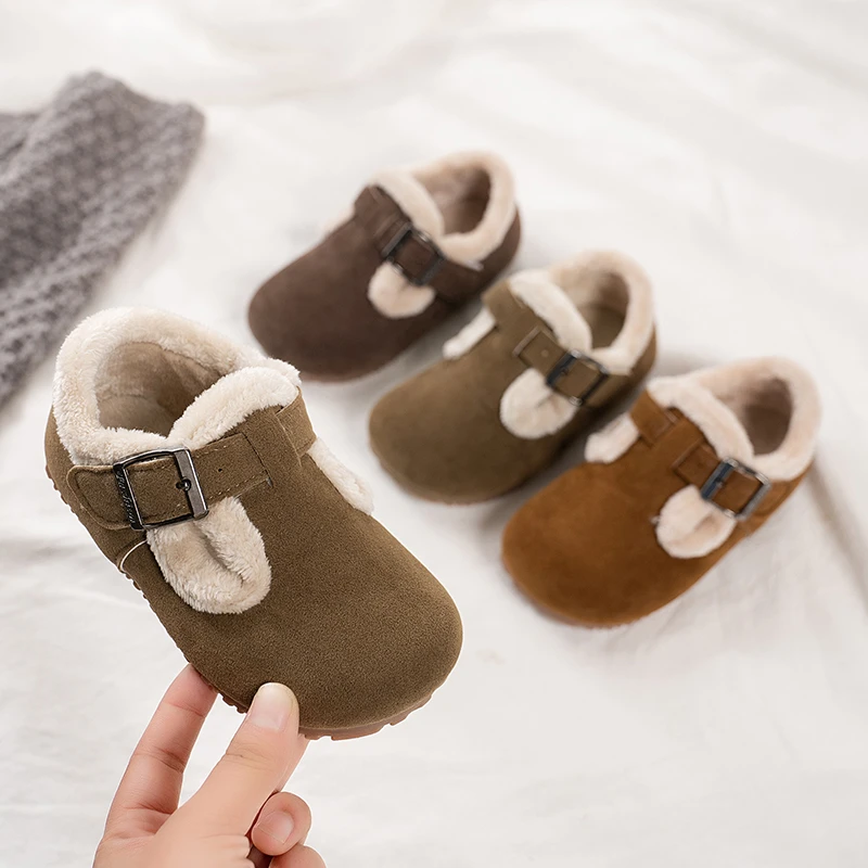 

Toddler Boys Girls Cozy Fluffy Leather Shoes with Buckle 2025 New Winter Kid Warm-lined Casual Shoes Soft Sole Simple Daily Wear