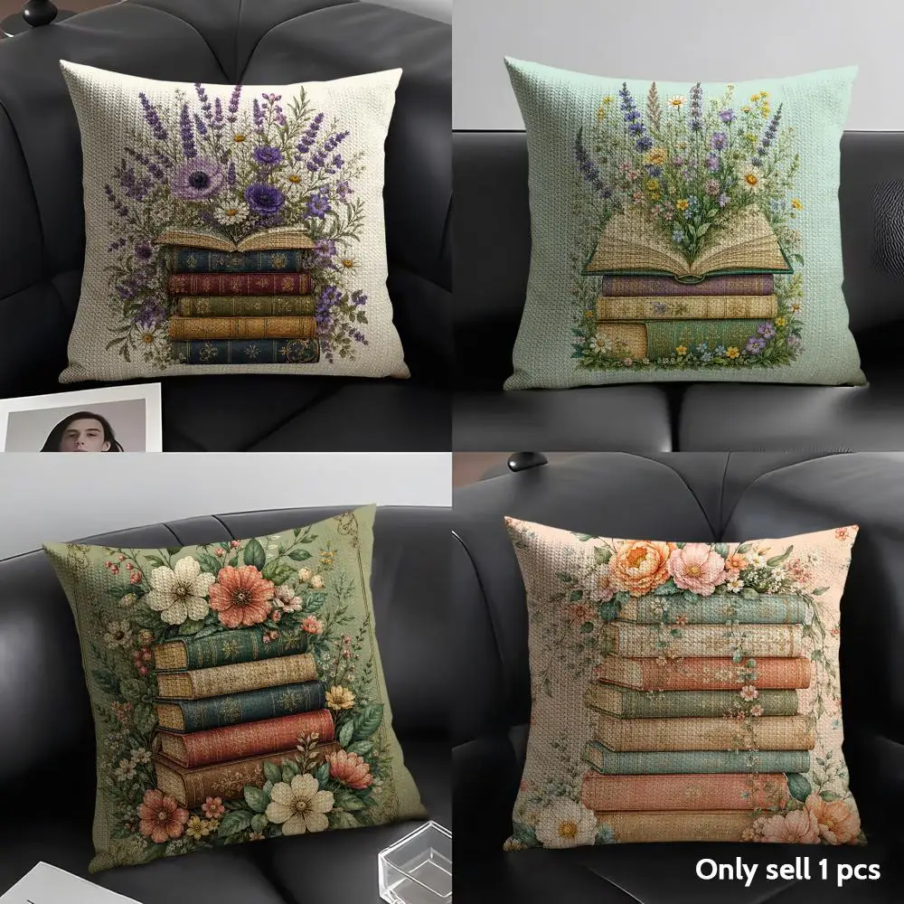 Floral Books Cushion Cover Linen Organic Fabric Double-Sided Printing Sofa Breathable Home Decor Gift Pillow Case