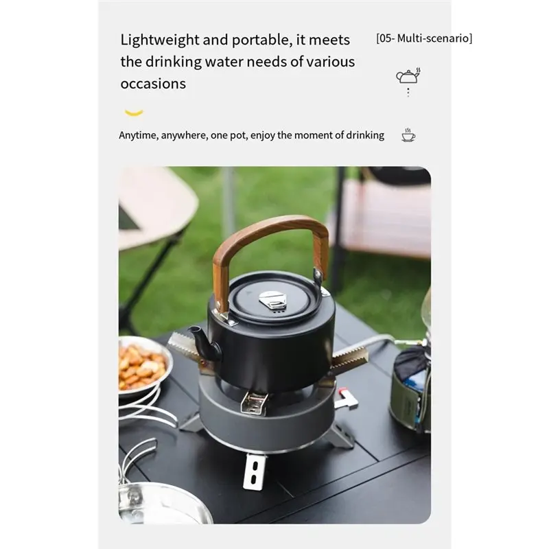 AB46-Portable Outdoor Cooking Pot 1.2L Camping Kettle Aluminum Alloy With Wooden Handle For Hiking Backpacking Picnic