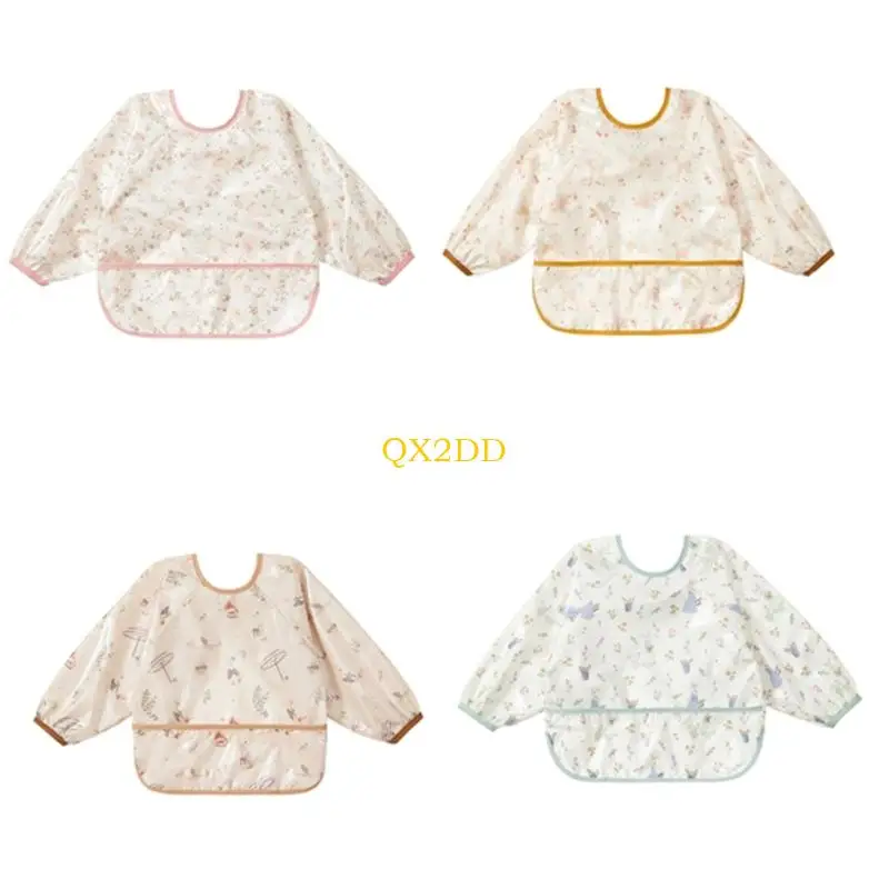 

QX2D Full Sleeve Spill Resistant Nursing Smock Toddler Feeding Apron Soft Fabric Teething Apron For Indoor Outdoor Activity