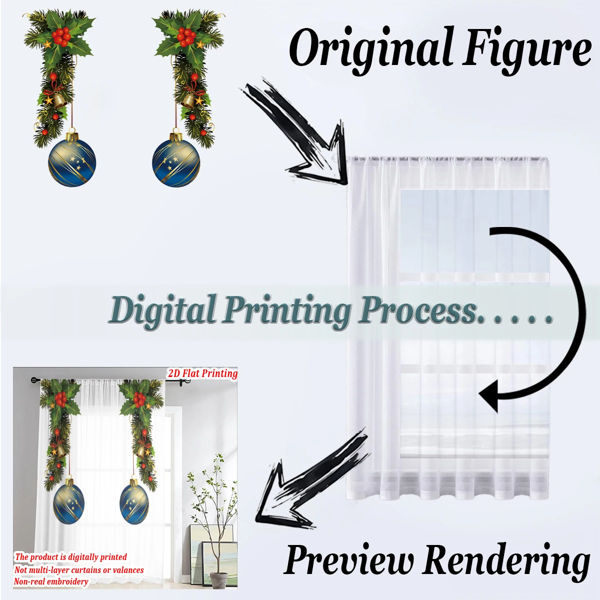 ستارة شفافة مطبوعة مسطحة لعيد الميلاد مع جرس فرع الصنوبر الهدال لعيد الميلاد لغرفة المعيشة وغرفة النوم وحفلات العطلات