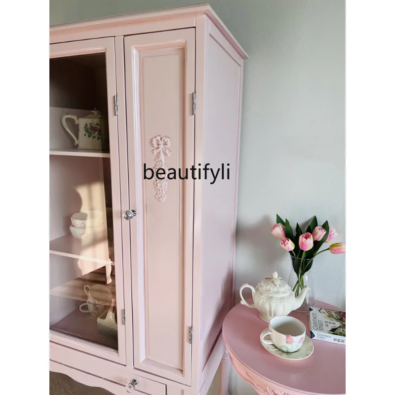 French Solid Wood Home Entrance Cabinet Sideboard Cabinet Integrated Wall High Cabinet Modern Pink Storage Organizer Cabinet